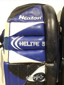 Pads de gardien de but Vintage Heaton Helite 5 4700 30 Hockey sur glace Blanc Bleu Noir Utilisés