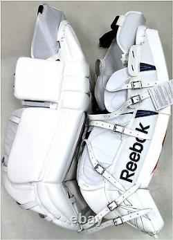 Reebok Larceny L9 protège-jambes de gardien de but de hockey, intermédiaire 30+1, rouge bleu, nouveau coussinet de but.